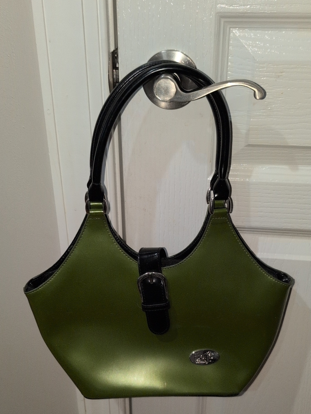 Green Faux-Patent Leather Tote with Black Trim